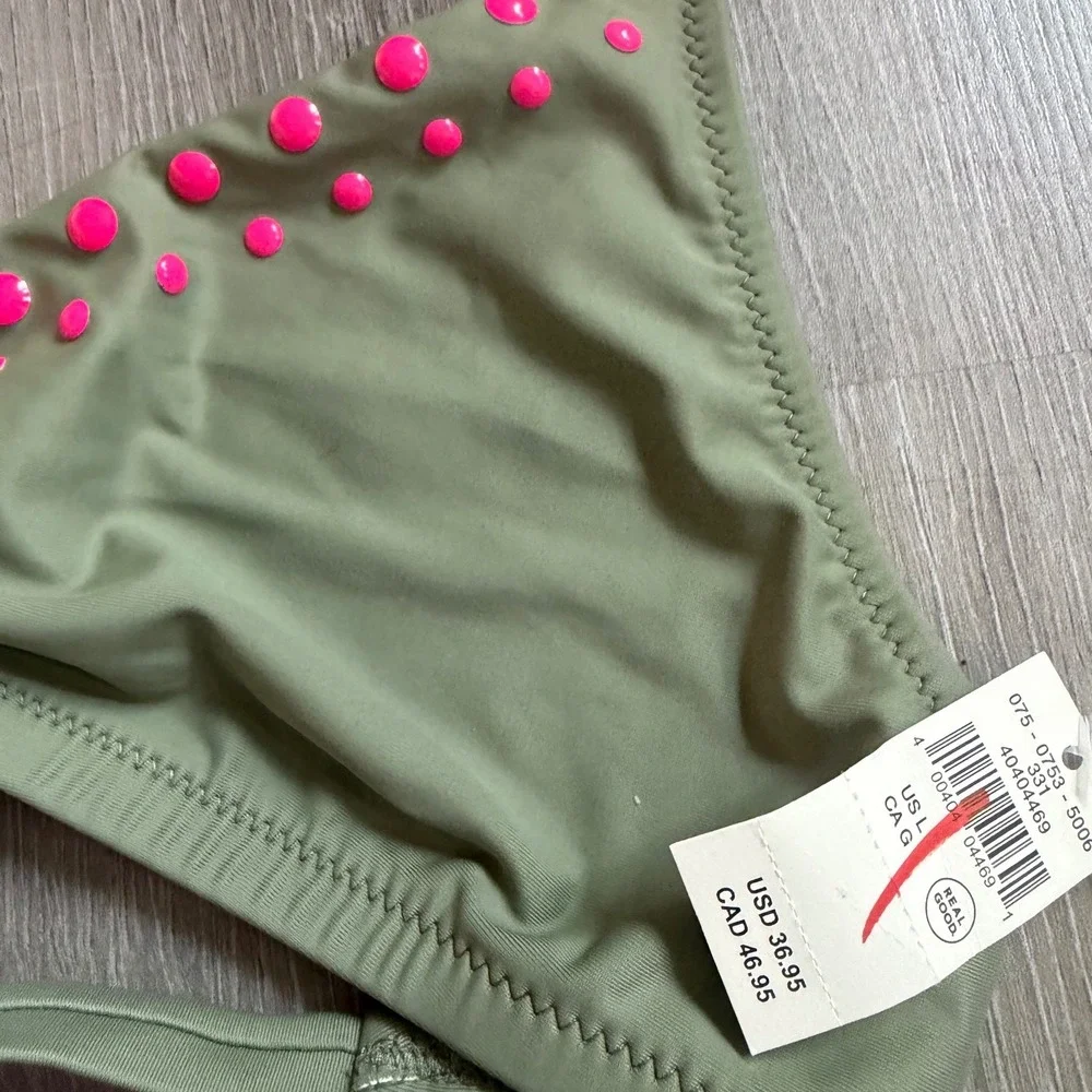 American Eagle Real Good Olive Green Pink Studded Triangle Bikini Top Large NWT